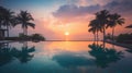 Outdoor luxury sunset over infinity pool swimming summer beachfront hotel resort, tropical landscape. Beautiful tranquil beach Royalty Free Stock Photo