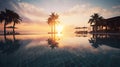 Outdoor luxury sunset over infinity pool swimming summer beachfront hotel resort, tropical landscape. Beautiful tranquil beach Royalty Free Stock Photo