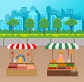 Outdoor marketplace, farmers selling fresh meat and vegetables under tent in park, agriculture