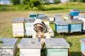 Outdoor meadow honey farming. Beekeeping landscapes with beehives.