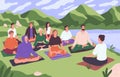 Outdoor meditation. Group of people meditating in nature. Breathing yoga and retreat class. Men and women sitting in Royalty Free Stock Photo