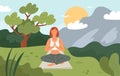 Outdoor meditation. Harmony with nature. Girl is sitting in lotus position. Woman practicing yoga. Female relax. Balance Royalty Free Stock Photo