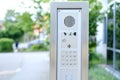 outdoor modern wireless interphone in front of office, intercom to communicate with visitors, stand-alone communication tool,