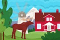 Outdoor mountain landscape with house, vector illustration, forest tree nature, mill, village home, elk at summer Royalty Free Stock Photo