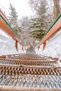 Outdoor mountain stairway with metal treads and handrails against snow and trees