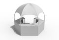 Outdoor Multi functional Trade Show Display Dome Kiosk Hexagonal Pavilion Canopy Tent With Promotional Counters, 3d render illustr
