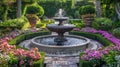 outdoor oasis, a peaceful backyard oasis featuring a bubbling fountain surrounded by detailed flower beds and trimmed Royalty Free Stock Photo