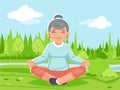 Outdoor park nature fitness meditation adult old woman grandmother yoga health cartoon character design vector