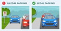 Illegal and legal parking. No vehicles on sidewalk traffic. Front view of a cars parked on sidewalk and roadside. Royalty Free Stock Photo