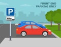 Outdoor parking rules. Side view of a parked cars on a city road. `Front end parking only` sign meaning. Royalty Free Stock Photo