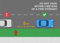 Outdoor parking rules and tips. Do not park within 5 meters of a fire hydrant. Top view of correct and incorrect parked cars