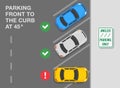 Outdoor parking rules. Top view of a correct and incorrect parked cars on a city parking. `Angled parking only` sign meaning.