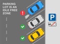Outdoor parking rules. Top view of a correct and incorrect parked cars on a city parking. `Parking lot is an idle free zone` sign Royalty Free Stock Photo