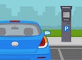 Outdoor parking tips. Close-up view of parked blue sedan car. City parking payment system. Royalty Free Stock Photo