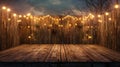 an outdoor party or event with a wooden fence adorned with string lights in the background, and a wooden stage, offering Royalty Free Stock Photo