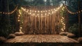 an outdoor party or event with a wooden fence adorned with string lights in the background, and a wooden stage, offering Royalty Free Stock Photo