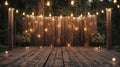 an outdoor party or event with a wooden fence adorned with string lights in the background, and a wooden stage, offering Royalty Free Stock Photo