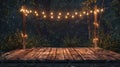 an outdoor party or event with a wooden fence adorned with string lights in the background, and a wooden stage, offering Royalty Free Stock Photo