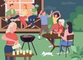 Outdoor party with friends flat color vector illustration