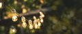 Outdoor party string lights hanging in backyard on green bokeh background Royalty Free Stock Photo