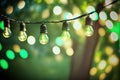 outdoor party string lights hanging in backyard on green bokeh background with copy space Royalty Free Stock Photo