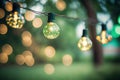 outdoor party string lights hanging in backyard on green bokeh background with copy space Royalty Free Stock Photo