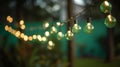 outdoor party string lights hanging in backyard on green bokeh background with copy space Royalty Free Stock Photo