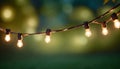 outdoor party string lights hanging in backyard on green bokeh background with copy space Royalty Free Stock Photo