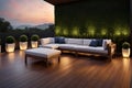 outdoor patio bordered by lush greenery featuring stylish wooden composite deck boards Royalty Free Stock Photo