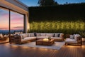 outdoor patio bordered by lush greenery featuring stylish wooden composite deck boards Royalty Free Stock Photo