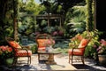 Outdoor patio with chair and table in the garden. Vintage style, luxurious garden painting with elegant outdoor furniture, AI Royalty Free Stock Photo