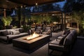 outdoor patio with modern furniture and a fire pit Royalty Free Stock Photo