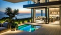 Outdoor patio and small pool in a modern residential building in the evening with lighting and ocean view,