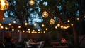 Outdoor patio with string lights, creating cozy ambiance and evening relaxation spaces Generative AI
