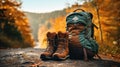 Outdoor Photography of A Backpack and Hiking Boots at the Base of a Mountain Trail. Hiking Bag Boots. Generative AI Royalty Free Stock Photo