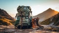 Outdoor Photography of A Backpack and Hiking Boots at the Base of a Mountain Trail. Hiking Bag Boots. Generative AI Royalty Free Stock Photo
