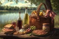 outdoor picnic, with basket of deli sandwiches, bottles of water and other picnic essentials Royalty Free Stock Photo