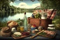 outdoor picnic, with basket of deli sandwiches, bottles of water and other picnic essentials Royalty Free Stock Photo