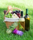 Outdoor picnic basket with wine on lawn Royalty Free Stock Photo