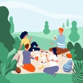 Outdoor picnic people. Happy family in green summer park eating food have a rest and playing vector picnic background