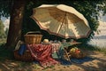 outdoor picnic with quaint blanket, basket of food, and umbrella for shade