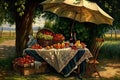 outdoor picnic with quaint blanket, basket of food, and umbrella for shade