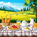 An outdoor picnic table with colorful spread food and drinks, with surrounding Royalty Free Stock Photo