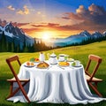 An outdoor picnic table with colorful spread food and drinks, with surrounding Royalty Free Stock Photo