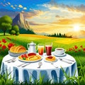 An outdoor picnic table with colorful spread food and drinks, with surrounding Royalty Free Stock Photo
