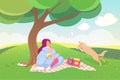 Outdoor picnic at weekend, happy girl sitting on mat on green lawn grass under tree