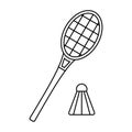 Outdoor play with rackets and shuttlecock. Badminton sports activity with a racket. Vector line icon. Editable stroke. Royalty Free Stock Photo