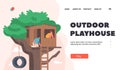 Outdoor Playhouse Landing Page Template. Little Children Sit on Tree House with Wooden Ladder and Tire on Rope Royalty Free Stock Photo