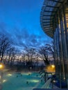 Outdoor pool at the Les Thermes de Spa, the main spa complex of the town Spa, during blue hour