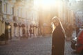 Outdoor portrait of attractive blonde girl wearing glasses and c Royalty Free Stock Photo